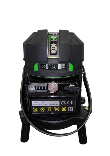 Black and green laser level on a white background