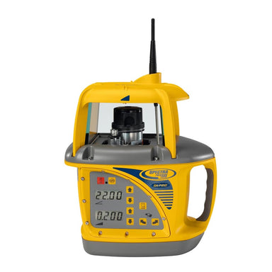 Yellow and gray Spectra Precision surveying instrument on a white background